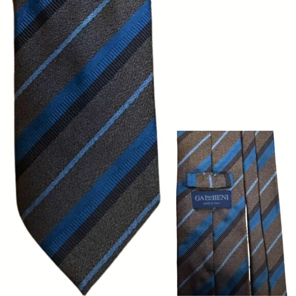 Gallieni 100% Silk Tie Made in Italy Brown & Blue Striped Necktie 63” x 3.5” Lux - Picture 1 of 5